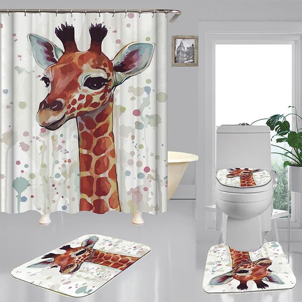 

funny giraffe waterproof shower curtain 4 piece carpet cover toilet cover bath mat pad set bathroom decoration 10 pattern bbyvbw lipper