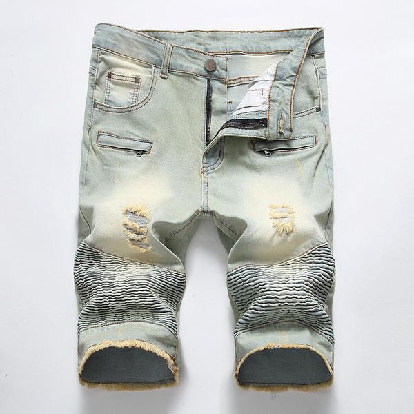 

mens taped biker jean shorts summer brand stretch short jeans men elastic straight mens shorts jeans zipper demin 28-42, Blue