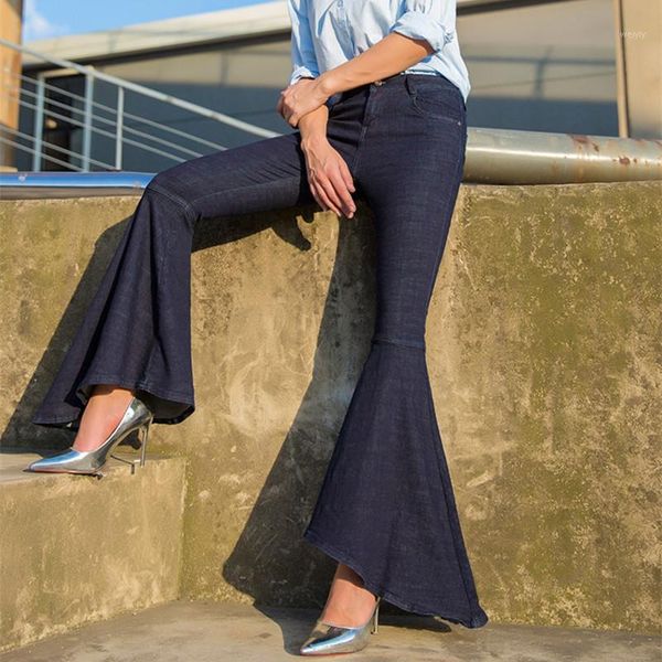 

2020 fish tail fashion long jeans pants for women big flare trousers plus size 25-30 denim autumn jeans irregular1, Blue