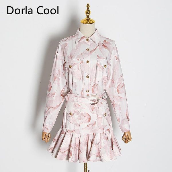 

runway women's spring two pieces outfits printed florals blouse ruffles sashes mini skirt designer femme suits high street sets1, White