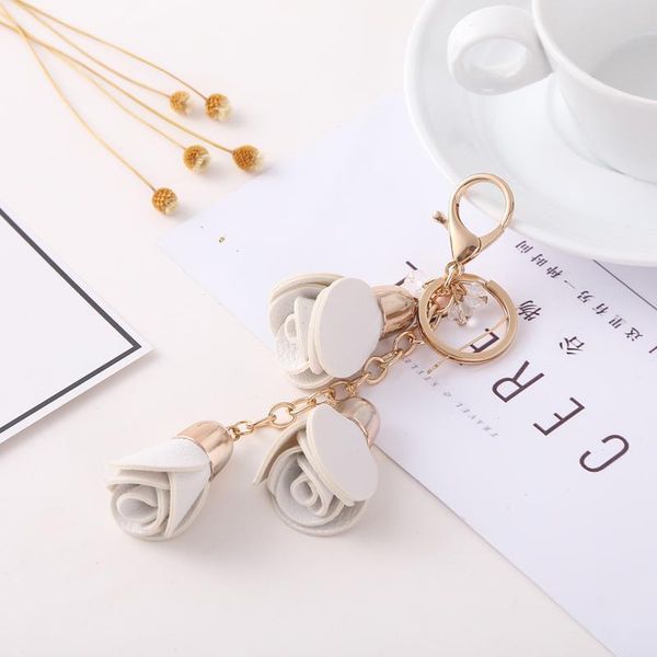 

leather camellia flower keychain bag pendant car key ring for women bag charm trinket accessory key ring holder eh879 h bbyixr