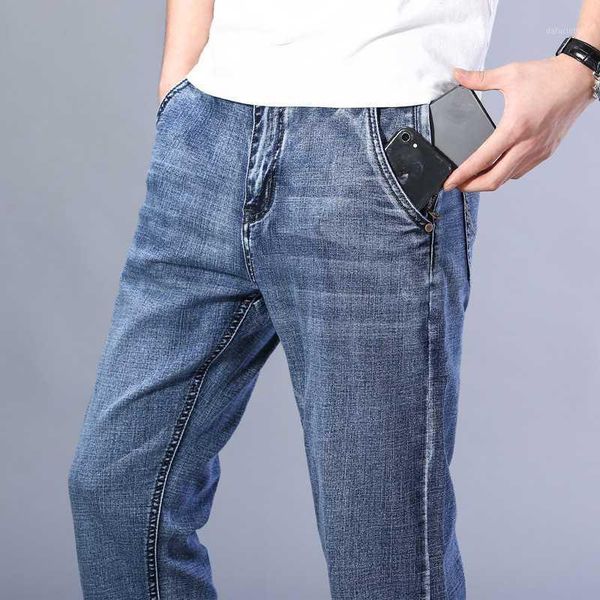 

2020 summer autumn new men's smart casual jeans loose straight elastic anti-theft zipper denim pants male big size 40 42 44 461, Blue