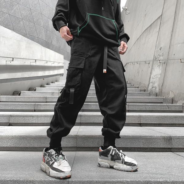 

men's pants block cotton pocket track male trousers sweatpants streetwear ribbons casual, Black