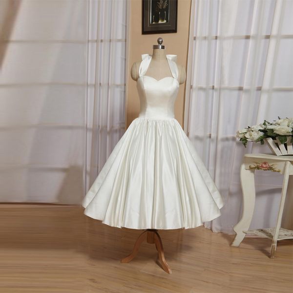 

vintge white satin чай длина свадебное платье холтер халат де mariée с bow драпированные юбки простые свадебные платья невесты платье