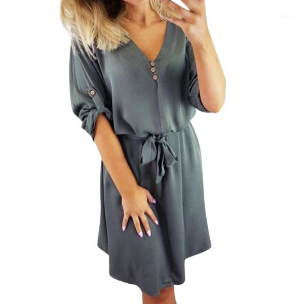 

women dress summer women casual solid design buttons half sleeve dress sundress casual mini dresses1, Black;gray