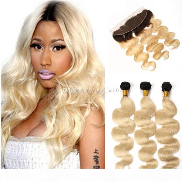 

two tone 1b 613 light blonde ombre body wave hair bundles with lace frontal closure dark roots blonde hair weaves with lace frontal, Black;brown