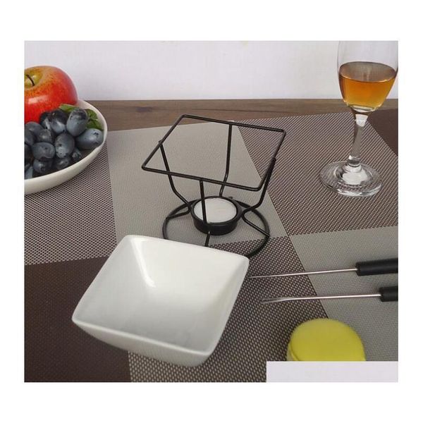 

ceramic chocolate melting oven white porcelain cheese chocolate fondue set with black iron tealight burner and jlliik bdesybag
