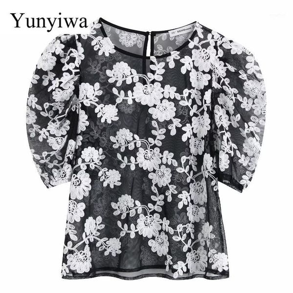 

new women's temperament flower embroidery mesh shirt blouses women puff sleeve transparent casual roupas blusas chic 1, White