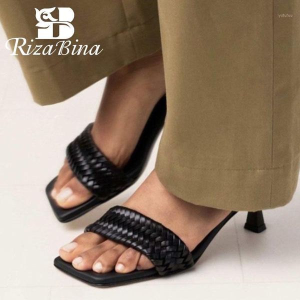

rizabina new fashion women real genuine leather sandals shoes open toe thin heel slip on ladies footwear size 34-401, Black