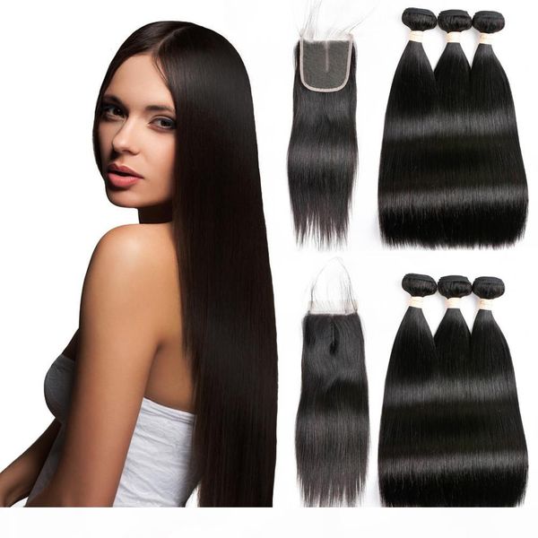 

7a brazilian raw indian straight human hair weaves extensions 3 bundles with closure double weft dyeable bleachable 100g pc, Black