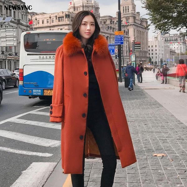 

newsync trench women 2020 winter autumn long coat ladies plus over size euro 5xl 6xl female woolen overcoat outerwear collar fur1, Black