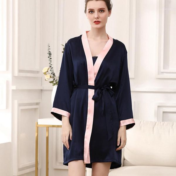 

100% mulberry natural silk women robe & gown sets with sash elegant ladies bathrobe robe and sleep gown sp01251, Black;red