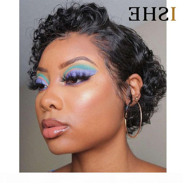 

pixie curly front human short blunt cut bob wigs remy brazilian hair glueless lace frontal wig for women, Black;brown