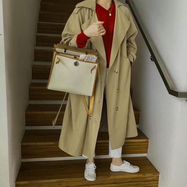 

women's trench coats autumn double breasted coat loose full sleeve pockets cotton long windbreaker beige sashes chic femme, Tan;black