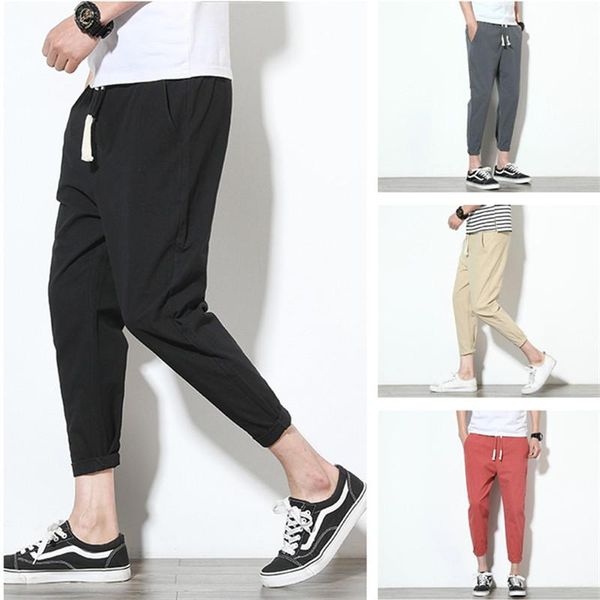 

summer japanese retro men's thin linen casual pants solid color plus size sweat-absorbent breathable youth lace-up pant, Black