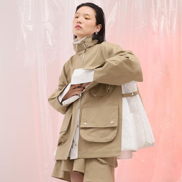 

2020 fw collection oversized patchwork safari style women trench coat1, Tan;black
