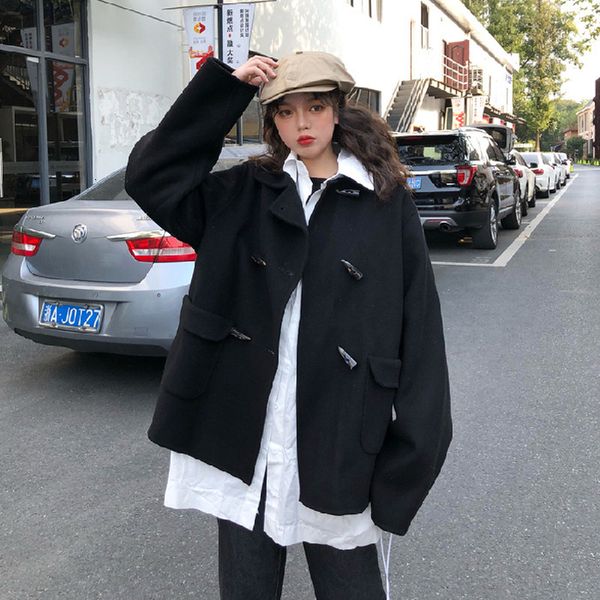 

2021 new hair temperament heavy woolen fur female winter small oxen horn straight button tube-like tube-thickened woollen coat xbgp, Black