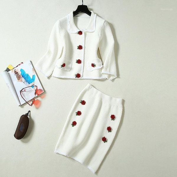 

red roosarosee designer women autumn spring fashion flower buttons half sleeve short coat + skirt elegant vintage 2 piece set1, White