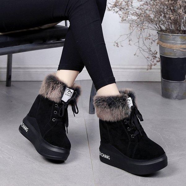 

women's boots with lace-up front and short short round toe high-heeled martin boots plus velvet women's snow cotton shoes, Black