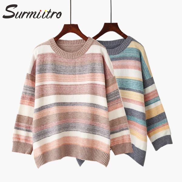 

surmiitro korean rainbow oversized knit warm winter sweater women 2020 lady long sleeve jumper tricot pullover female knitwear, White;black