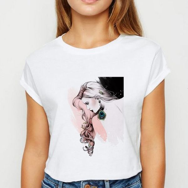 

beauty with long hair print t shirt women t-shirt cute shirts harajuku spring summer plus size graphic round collar tshirt, White