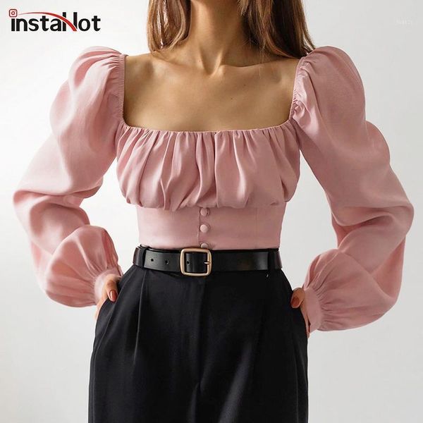 

instaelegant women blouse crop puff sleeve solid vintage frill autumn square collar 2021 casual streetwear shirts blouse1, White