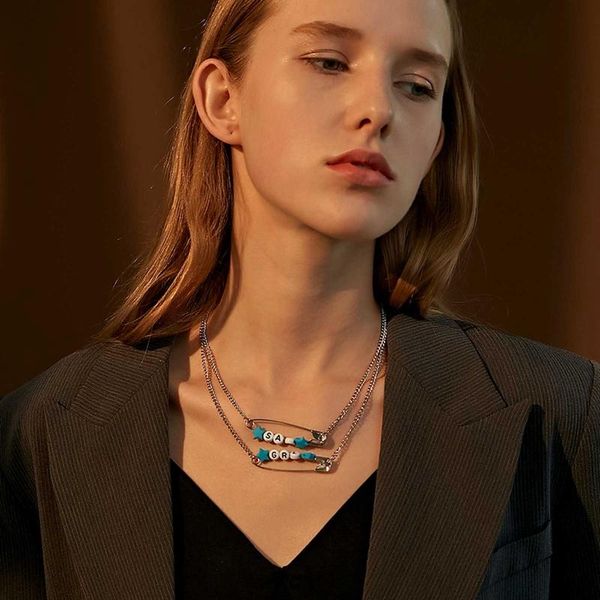 

chokers 2021 fashion double layers safety pin necklace for women bead letter sad grl paperclip clavicle chain, Golden;silver