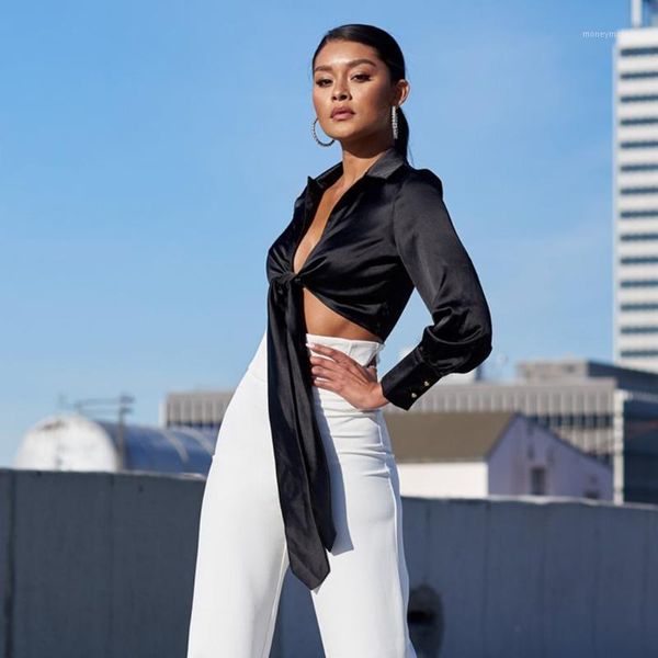 

satin tie low cut crop elegant women shirt turn down collar knotted black pink white slim blouse female autumn1