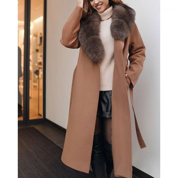 

hadara fashion faux fur collar wool coats women elegant tie belt waist long jackets women solid pockets coats ladies1, Black