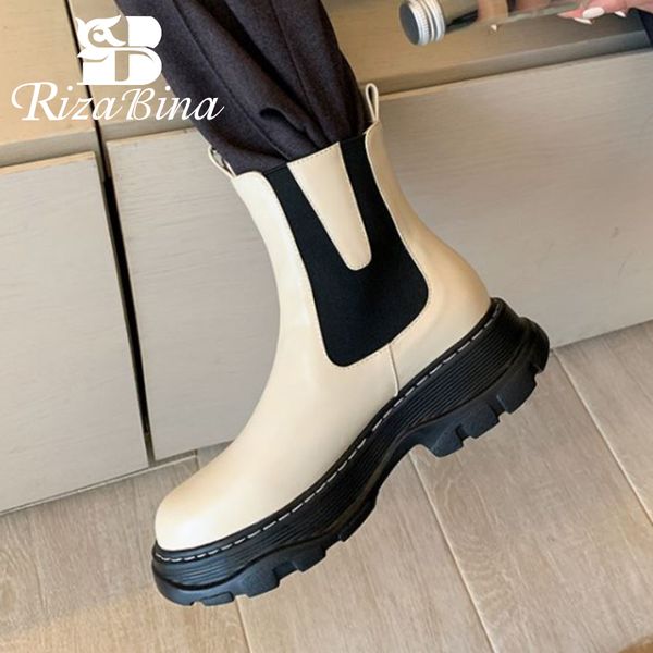 

rizabina women ankle boots genuine leather fashion platform warm winter shoes woman high heel short boot footwear size 33-40, Black