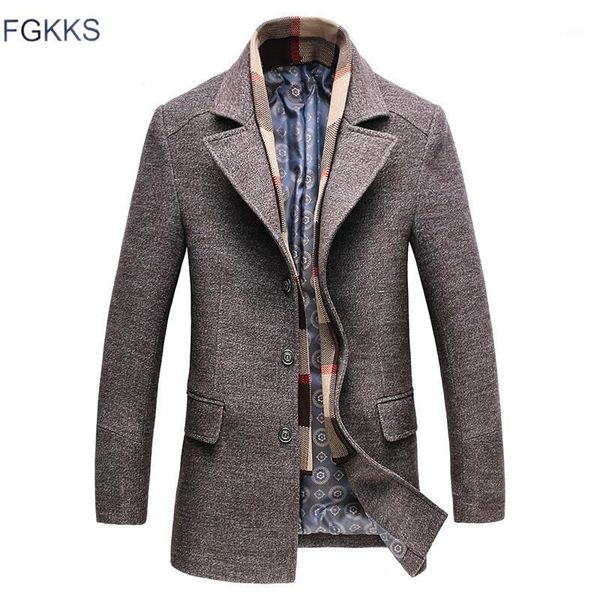 

fgkks men winter wool coat 2019 men's casual solid color warm thick wool blends woolen pea coat male trench overcoat1, Black