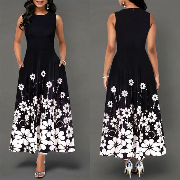 

womens sleeveless floral printed fashion elegant summer printed beach fashion loose maxi shirt beach dress, Black;gray