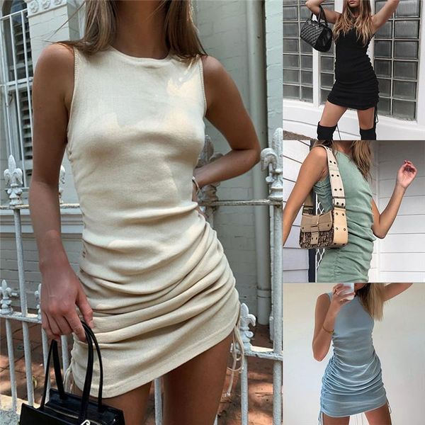 

ribbed mini dress women drawstring sleeveless o neck vintage bodycon party club knitted summer dress, Black;gray