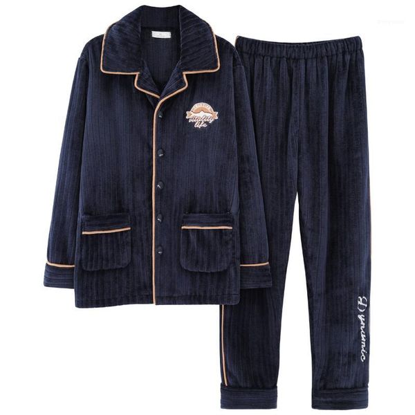 

new autumn winter thick warm men's flannel pajamas set long sleeve turn-down collar plus size -4xl male sleepwear pyjama homme1, Black;brown