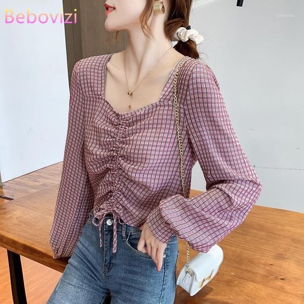 

fashion korea red lattice and blouse long sleeve v-neck women shirts1, White