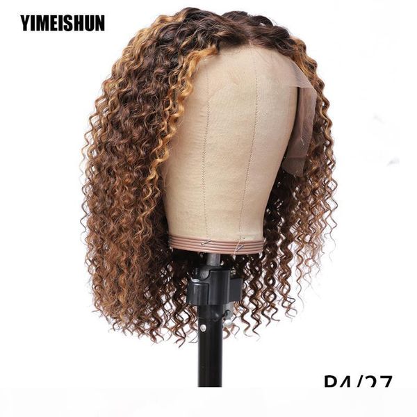 

p4 27 highlight kinky curly wig 13x4 lace frontal human hair wigs honey blonde brown for black women brazilian 613 curly wig, Black;brown