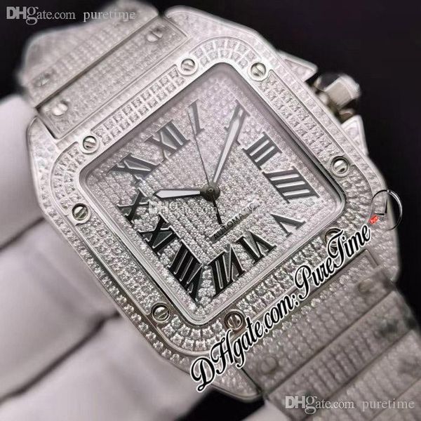 

2021 drf paved simulated diamonds dial roman diamonds bracelet eta a2824 automatic mens watch hip hop bling jewelry edition puretime b2, Slivery;brown