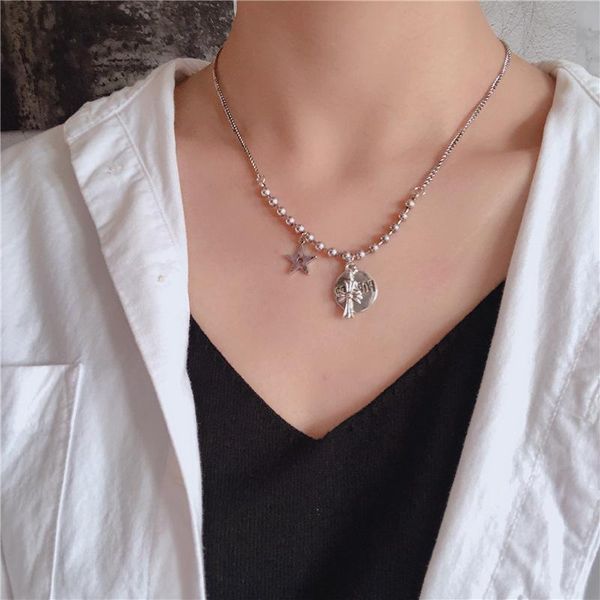 

fashion retro personality five-pointed star necklace cold wind clavicle chain sale, Silver