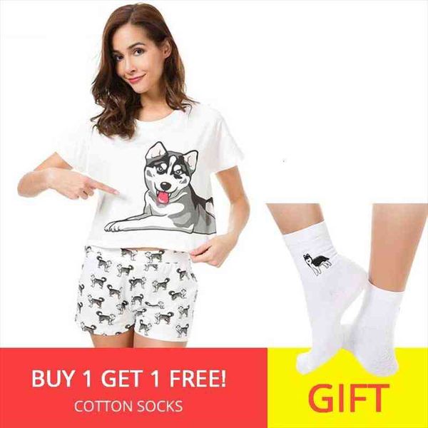 

husky print women pajama sets 2 pieces set crop shorts loose elastic waist shorts dog print lounge pijama s73104, Black;red