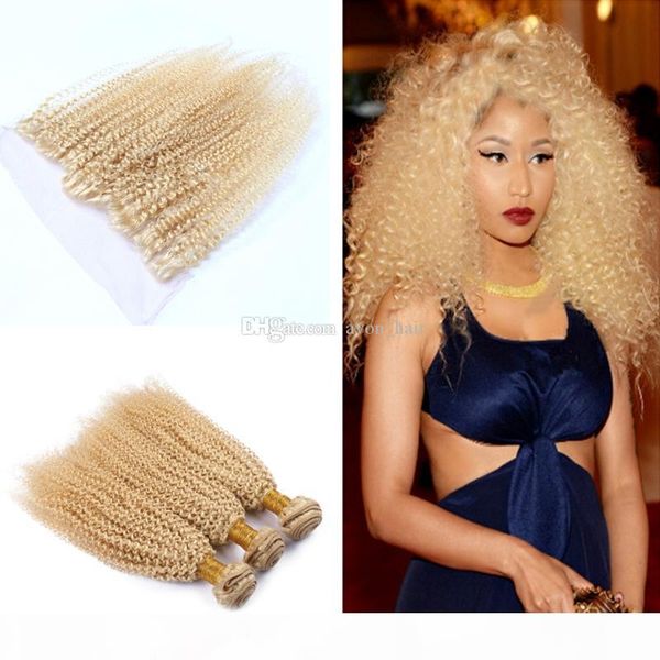 

blonde 613 kinky curly hair weaves with lace frontal blench blonde kinky curly ear to ear lace frontal with human hair 3bundles, Black;brown
