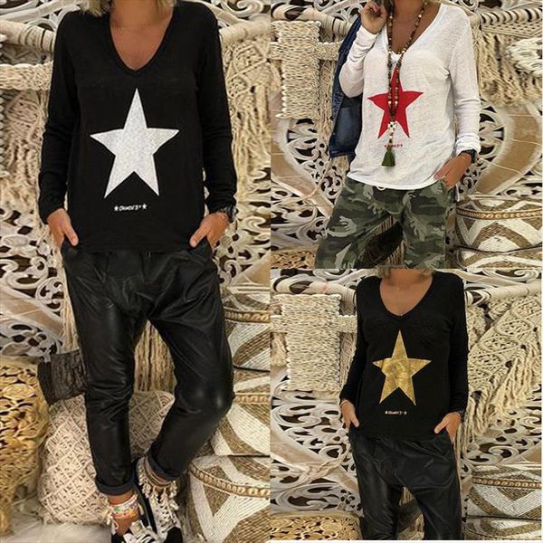 

summer women long sleeve casual star printed casual loose tee shirt blouse star printed t shirts blouse s 5xl, Gray