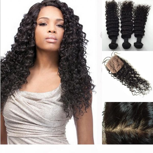 

hair closure virgin peruvian hair extensions natural color middle part silk closures (4x4) with bundles hair 3pc deep wave, Black