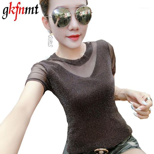 

gkfnmt women t shirt tees through transparent mesh short sleeve slim ladies o-neck harajuku black t-shirt plus size1, White