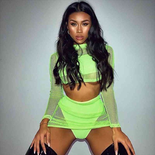 

fashion neon green women sets long sleeve see-through crop with mini skirt bodycon two pieces club outfits, Gray