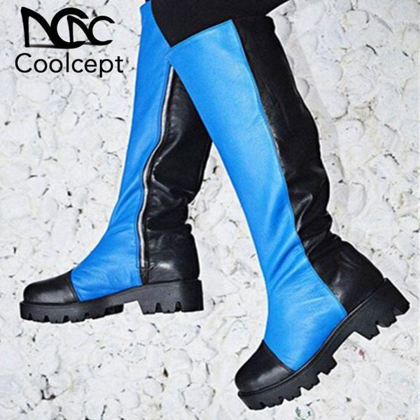 

boots coolcept women knee fashion mixed color winter shoes warm fur long platform lady high heel footwear size 35-431, Black