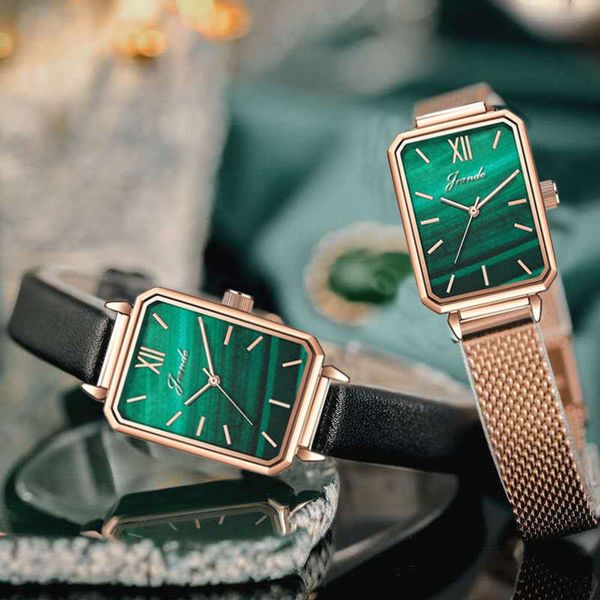 

female peacock tiktok live square green table, watch, simple fashion student watch steel band wrist watch simple quartz watch, Slivery;brown