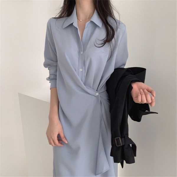 

2021 new neat elegant shirt plied mid-length office lapels fashionable women's dress l4nc, Black;gray