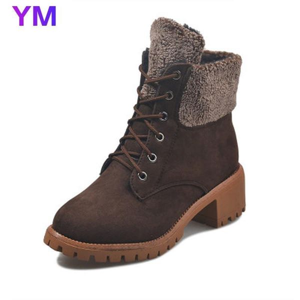 

boots women winter ankle round toe square heel snow fashion turned-over edge lace-up bigest size43 zapatos, Black