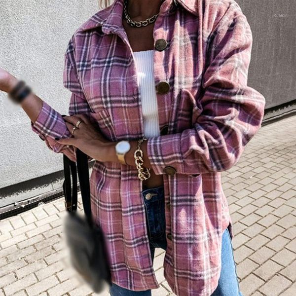 

women autumn long sleeve plaid shirt blouse winter casual loose thick shirt outfits single breasted chic checked blouse1, White