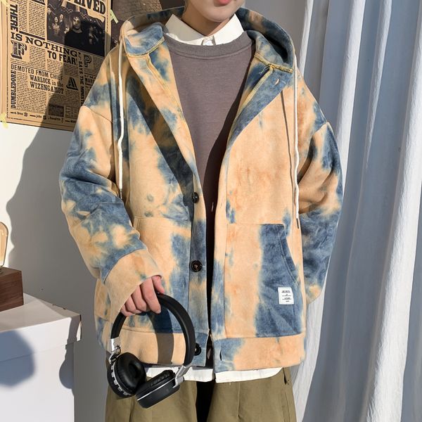 

2021 tie-dyed korean style men hoodies jacket autumn fashion men's hooded outerwear new colorful male qst5, Black;brown